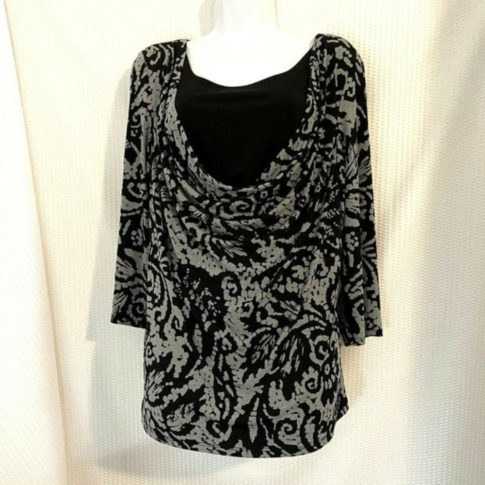 Womens Black Gray Paisley Blouse 3/4 Sleeve Cowl Neck Briggs New York Size XL - Picture 1 of 4